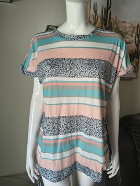 Women's Short Sleeve Striped Tee with Leopard Panels - Teal & Pink